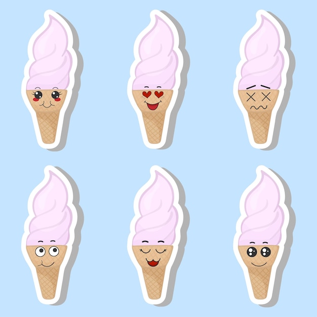 Vector set of funny ice cream stickers with kawaii emotions Kawaii faces Vector illustration of cartoon ice cream