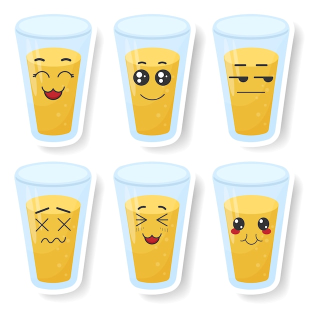 Vector set of funny juice in a glass stickers with kawaii emotions kawaii faces vector illustration on white background