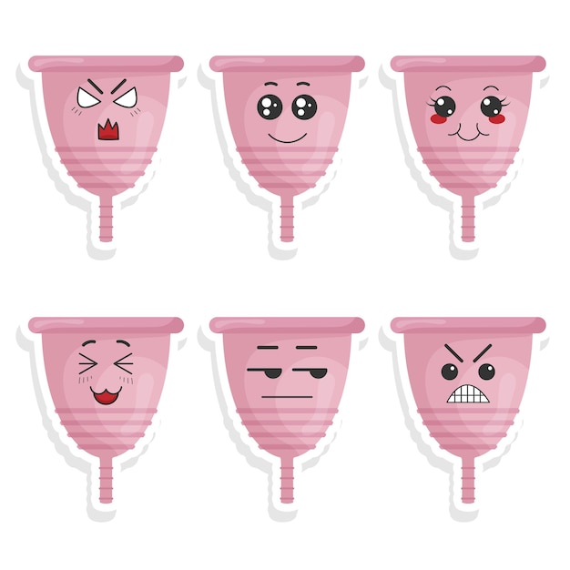 Vector vector set of funny menstrual bowl stickers with kawaii emotions kawaii faces vector illustration on white background