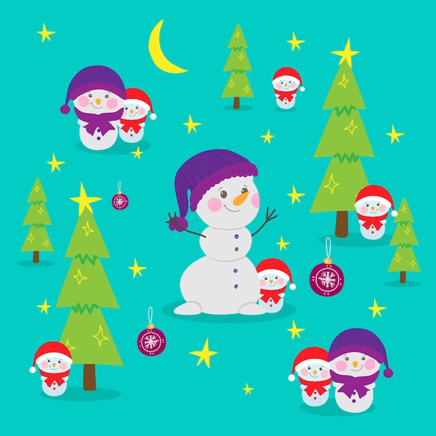 Vector set of funny snowmen and Christmas trees. Various elements for the design of greeting cards