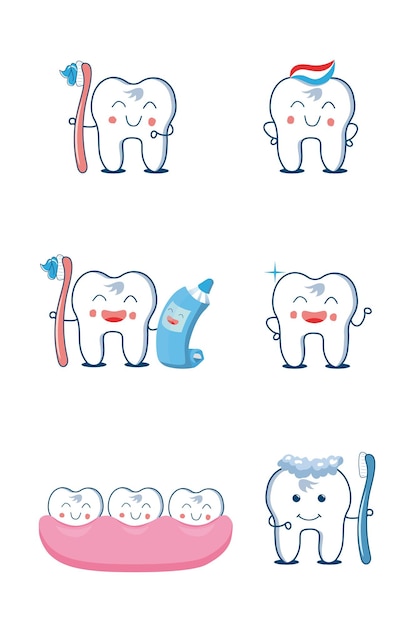 Set vettoriale di denti divertenti e spazzolino da denti illustrazioni di cartoni animati spazzolino da denti e denti sani