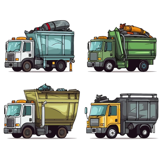 Vector vector set of garbage trucks trash cans wastebaskets illustration