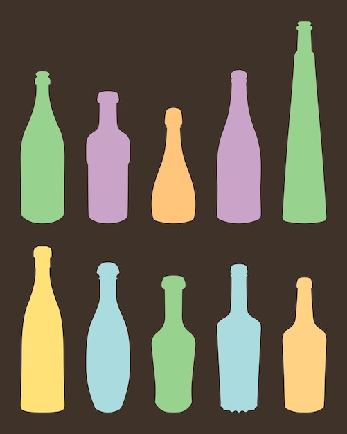 Vector vector set gekleurde vorm van silhouetten van glazen flessen voor alcohol wijn whisky wodka brandewijn