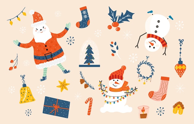 Vector set gezellige kerstversiering met sneeuwmannen en santa. Bundel van snuisterij, krans, geschenken, sokken, dennenboom. Kinderen illustratie. Plakboek trendy collectie