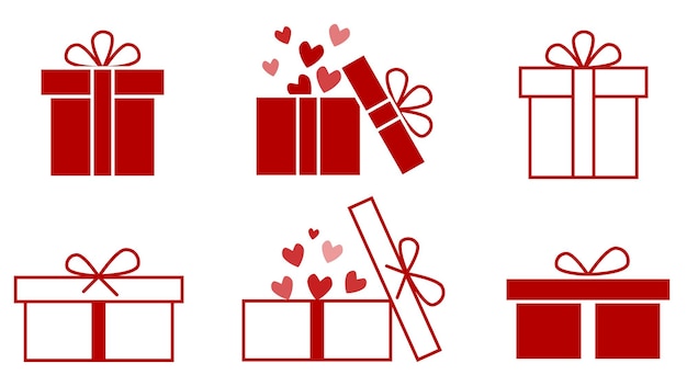 Vector set of gift boxes decorated with bows and hearts Isolated icons Flat design