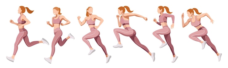 Vector vector set of girls in sportswear jogging, doing fitness, sports, preparing for a marathon
