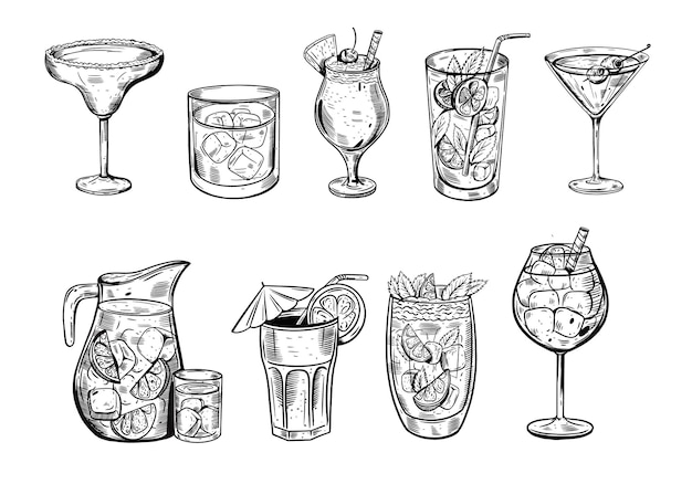 Vector set glazen cocktails set Hand getrokken zwarte kleur schets vectorillustratie