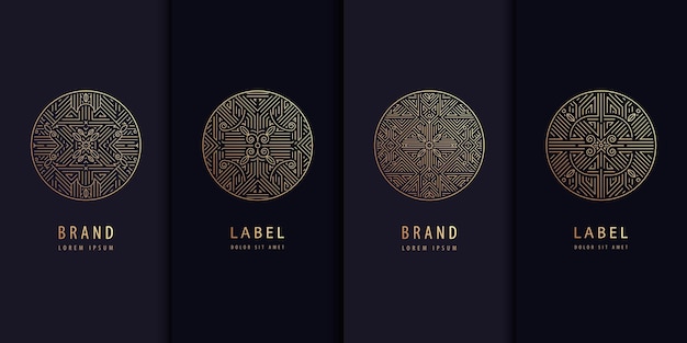 Vector set of golden label design patterns Circle art deco logos cosmetic chocolate tea wine package Luxury royal style vintage fancy signs premium design