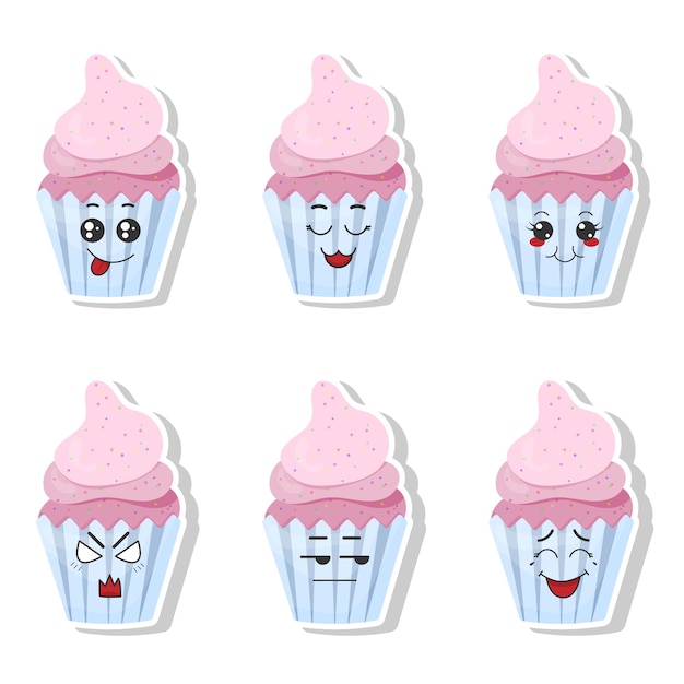 Vector set grappige cupcake stickers met kawaii emotie Kawaii Faces Vector illustratie op witte achtergrond