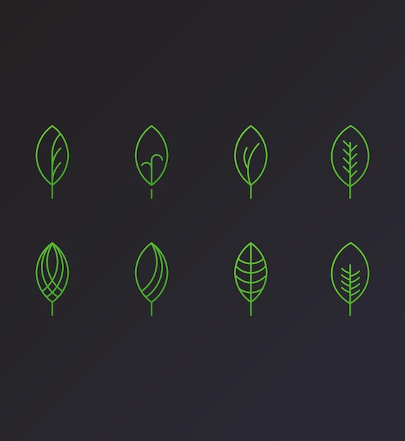 Vector set of green gradient minimal leaf icon illustration