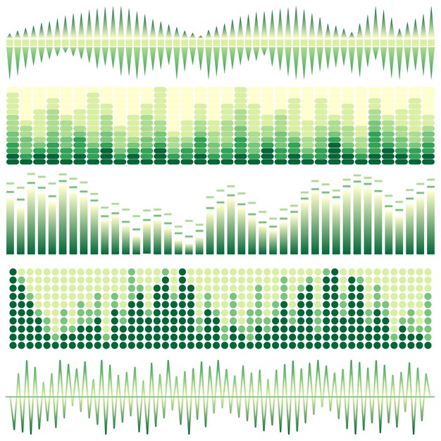 Vector set of green sound waves. Audio equalizer. Sound & audio waves isolated on white background.