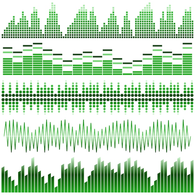 Vector set of green sound waves. Audio equalizer. Sound &amp; audio waves isolated on white background.