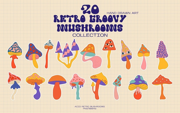 Vector vector set of groovy mushrooms retro design elements in 90s style trendy bright acid stickers