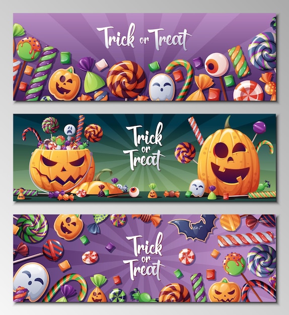 Vector set halloween banners of posters met pompoen en vreselijke snoep snoep lollies met halloween stijl spiraal patronen trick or treat