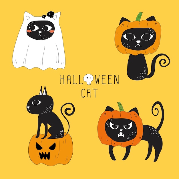 ハロウィーンの黒い猫のベクトルのセット。