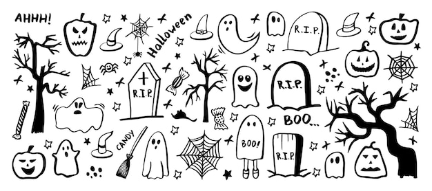 Vector set of halloween clipart. Funny, cute illustration for seasonal design, textile, decoration kids playroom or greeting card. Hand drawn prints and doodle.