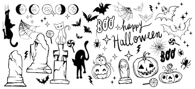 Vector set of Halloween clipart. Funny illustration for seasonal design. Drawn by hand. Background.