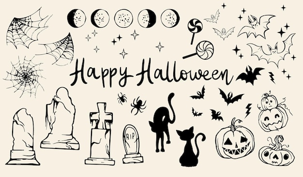 Vector set of Halloween clipart. Funny illustration for seasonal design, textile, kids playroom..