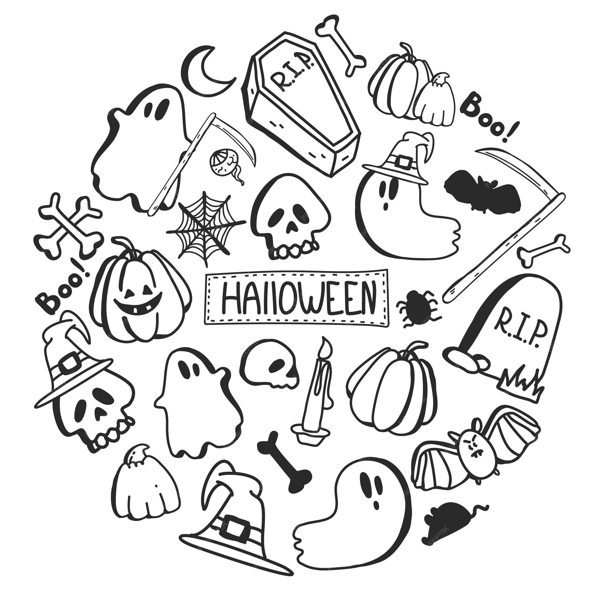 Premium Vector  Doodle black and white halloween set for cute design hand  draw funny cartoon elements for party