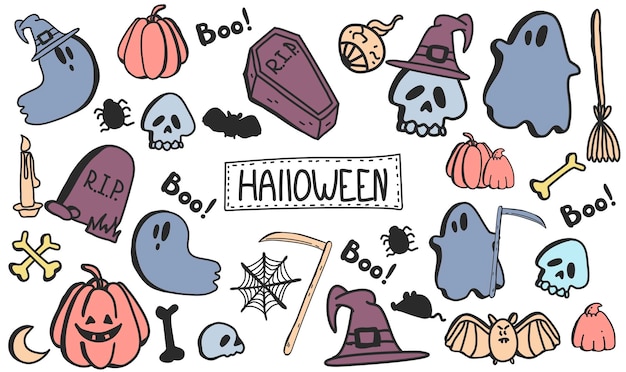 Vector set halloween clipart hand getrokken Doodle cartoon collectie set pictogram en symbolen over de Halloween-dag Grappige leuke illustratie voor ontwerp textiel decoratie