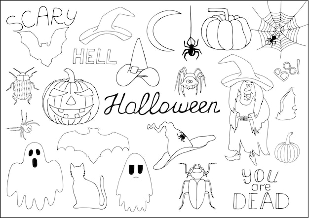 Insieme di vettore del doodle di halloween. decorazioni di halloween divertenti e spaventose per cartoline, sale giochi