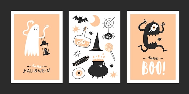 Vector set of halloween greeting cards with handwritten text and traditional symbols