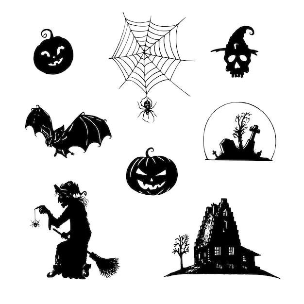 Set vettoriale di icone di halloween collezione di illustrazioni del giorno di tutti i santi schizzi disegnati a mano per poster di biglietti d'auguri con invito a una festa