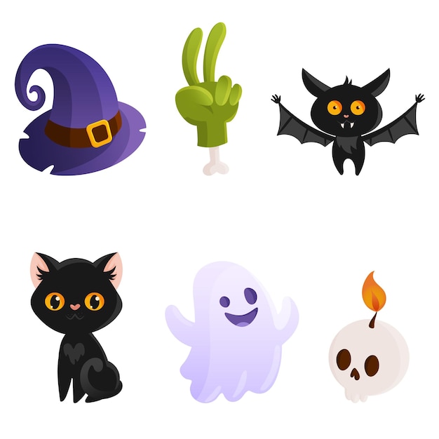 A vector set of Halloween stickers. Cute and funny animals and holiday things.