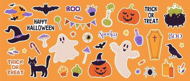 Vector set of Halloween stickers Hat ghost bat candy funny pumpkins cat