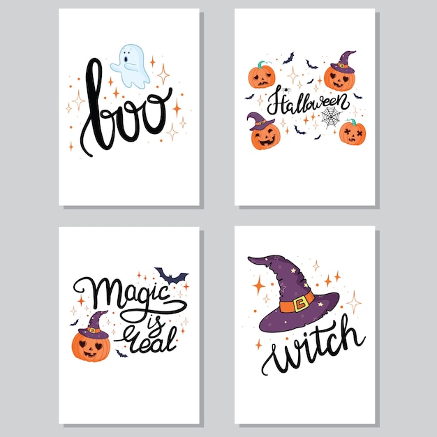 Vector set Halloween vakantie hand getekende uitnodiging of wenskaart met handgeschreven kalligrafiegroeten