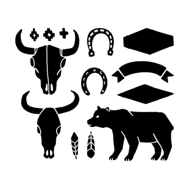 Insieme di vettore degli elementi di tiraggio della mano del selvaggio west su sfondo bianco. icone occidentali del cowboy in bianco e nero. elementi di design per logo, etichetta, emblema, segno, distintivo. cranio di toro, ferro di cavallo, piuma, orso.