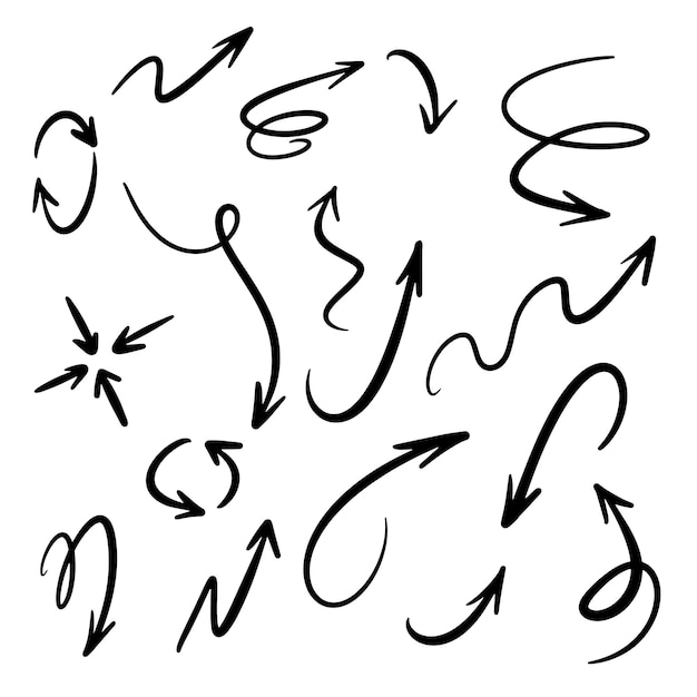 白い背景に分離された黒い矢印の手描き矢印のベクトルセット