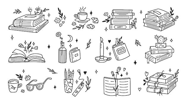 Vector vector set of hand drawn books in doodle style books with floral decoration various books stacks
