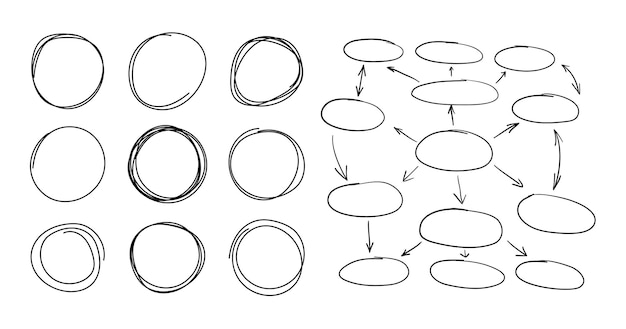Векторный набор нарисованных вручную кругов и шаблон фона планирования Пустые рамки Mind Map Circles and Arrows Isolated on White Background