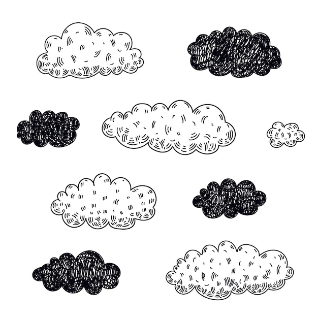 Vector set of hand drawn clouds. Doodle, black and white, isolated
