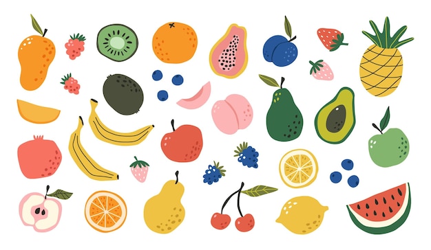 Vector set hand drawn colorful doodle fruits Sketch style Natural tropical fruits