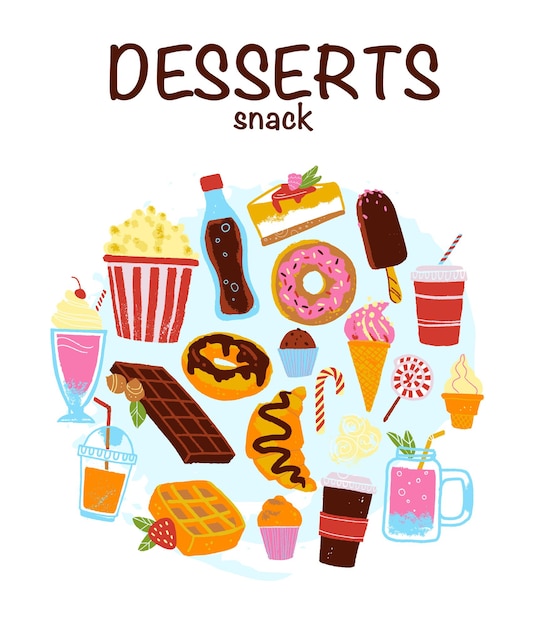 Set vettoriale di dessert e bevande disegnati a mano in stile schizzo buono per la progettazione di menu pubblicitari web