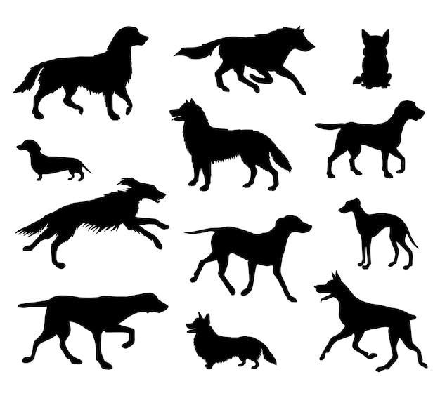 Векторный набор нарисованных вручную силуэтов собак