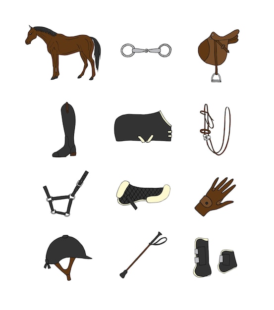 Vettore set vettoriale di attrezzature equestri disegnate a mano