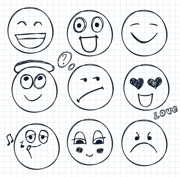 Векторный набор рисованной лиц, настроения изолированы