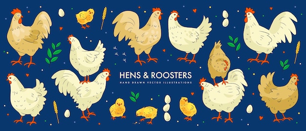 Vector set of hand drawn hens and roosters