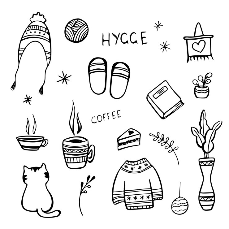 Vector set of hand drawn home hygge elements doodles
