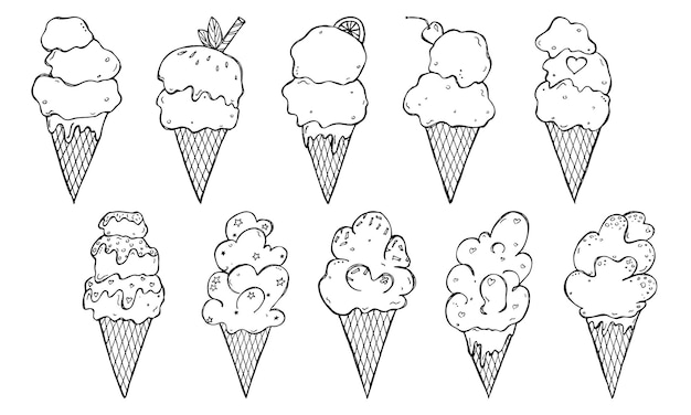 Set vettoriale di gelato disegnato a mano clipart carino sundae