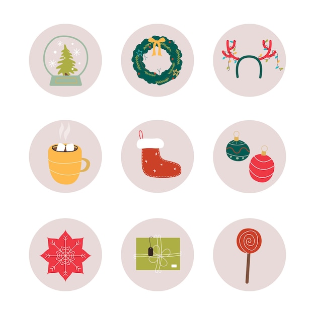 Vector set of hand drawn instagram highlights in christmas style