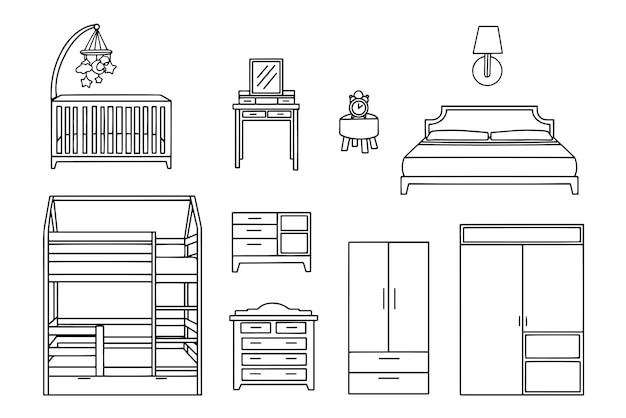 Vector vector set of hand drawn and isolated doodles of furniture and decorative elements sketches for use in design