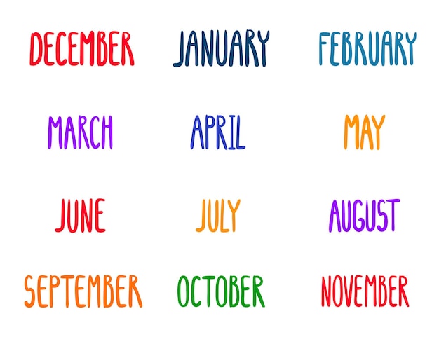 Vector vector set of hand drawn lettering of months of the year lettering for planer stickers