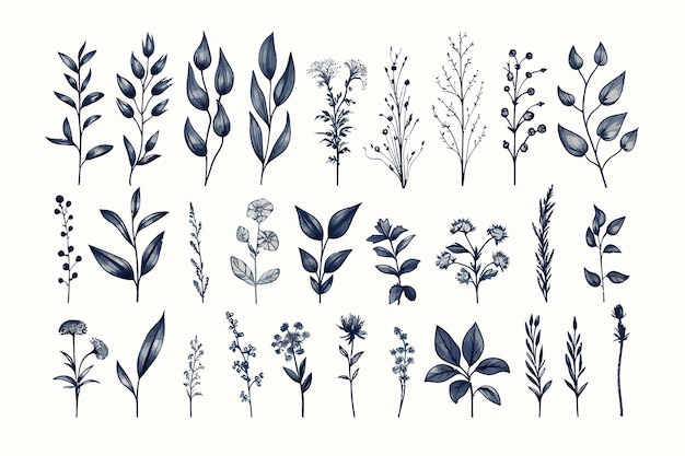 Vector vector set of hand drawn plants flat vector illustration isolated on white background