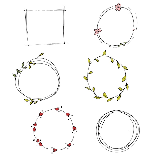 Insieme di vettore dei telai rotondi disegnati a mano con cuori di fiori e foglie