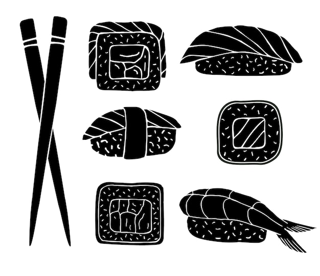 Vettore insieme di vettore della siluetta disegnata a mano del rotolo di sushi