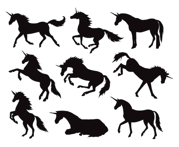 Vector set of hand drawn unicorn silhouette